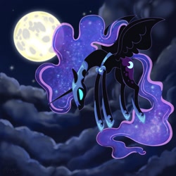 Size: 2048x2048 | Tagged: safe, artist:catscratchpaper, derpibooru import, nightmare moon, alicorn, g4, cloud, female, flying, full moon, mare, moon, night, night sky, outdoors, sky, solo, spread wings, wings