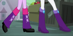 Size: 853x423 | Tagged: safe, artist:josephpatrickbrennan, derpibooru import, editor:josephpatrickbrennan, rarity, twilight sparkle, human, equestria girls, g4, boots, boots shot, cropped, duo, duo female, female, high heel boots, legs, outdoors, pictures of legs, shoes