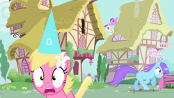 Size: 1366x768 | Tagged: safe, derpibooru import, screencap, berry punch, berryshine, lily, lily valley, roseluck, earth pony, pony, unicorn, g4, hearts and hooves day (episode), dunce hat, female, hat, horn, mare, nose in the air, orchid dew, outdoors, party hat, ponyville, running