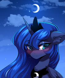 Size: 853x1009 | Tagged: safe, artist:airiniblock, derpibooru import, princess luna, alicorn, pony, g4, blushing, chest fluff, cloud, crown, cute, ear fluff, ears, eye clipping through hair, eyebrows, eyebrows visible through hair, horn, icon, jewelry, moon, night, regalia, sky, solo, wingding eyes, wings