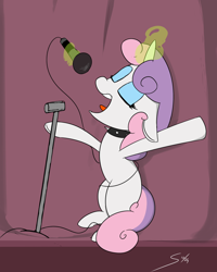 Size: 866x1080 | Tagged: safe, artist:soccy, derpibooru import, sweetie belle, pony, unicorn, g4, arms wide open, blue eyeshadow, choker, eyes closed, eyeshadow, female, glowing, glowing horn, horn, levitation, magic, magic aura, makeup, microphone, microphone stand, missing cutie mark, older, older sweetie belle, open mouth, rainbow rocks 10th anniversary, signature, singing, solo, spiked choker, telekinesis