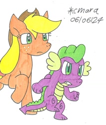 Size: 872x1025 | Tagged: safe, artist:cmara, derpibooru import, applejack, spike, dragon, earth pony, female, male, simple background, white background