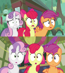 Size: 1280x1432 | Tagged: safe, derpibooru import, screencap, apple bloom, scootaloo, sweetie belle, g4, growing up is hard to do, hearts and hooves day (episode), cutie mark crusaders, female, filly, foal, mare, older, older apple bloom, older scootaloo, older sweetie belle, shocked, trio, trio female