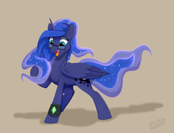 Size: 2719x2093 | Tagged: safe, artist:rutkotka, derpibooru import, princess luna, alicorn, pony, g4, butt, commission, crystal, ethereal mane, ethereal tail, female, glasses, hairband, happy, hoof in mane, leg wraps, mare, older, open mouth, raised leg, simple background, solo, starry mane, starry tail, tail, tan background, wings