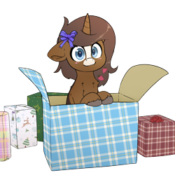 Size: 3000x3000 | Tagged: safe, artist:fluffyxai, derpibooru import, oc, oc only, oc:strawberry cocoa, pony, unicorn, box, commission, hearth's warming, horn, looking at you, pony in a box, present, solo, unicorn oc, your character here