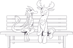 Size: 1254x827 | Tagged: safe, artist:nauyaco, derpibooru import, princess ember, thorax, changedling, changeling, dragon, bench, embrax, female, king thorax, male, monochrome, shipping, straight