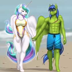 Size: 4000x4000 | Tagged: safe, artist:mykegreywolf, derpibooru import, princess celestia, oc, oc:rally flag, anthro, beach, board shorts, canon x oc, chest scar, clothes, female, holding hands, male, one-piece swimsuit, outdoors, rallylestia, shipping, straight, swimsuit