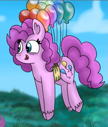 Size: 501x591 | Tagged: safe, artist:mashee, derpibooru import, pinkie pie, earth pony, pony, g4, adorable face, balloon, balloon riding, blue sky, blush lines, blushing, cloud, colored, cute, floating, grass, happy, lineart, original art, original style, then watch her balloons lift her up to the sky