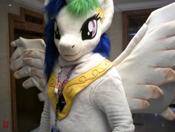 Size: 1600x1200 | Tagged: safe, artist:atalonthedeer, artist:giovannimagnus, derpibooru import, alicorn, 2018, bust, confuzzled, fursuit, indoors, irl, jewelry, photo, ponysuit, portrait, regalia, spread wings, wings