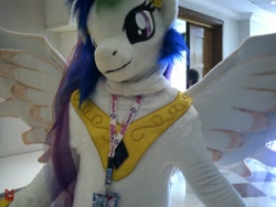 Size: 1600x1200 | Tagged: safe, artist:atalonthedeer, artist:giovannimagnus, derpibooru import, alicorn, 2018, badge, bust, confuzzled, fursuit, indoors, irl, jewelry, photo, ponysuit, portrait, regalia, solo, spread wings, wings