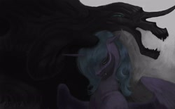 Size: 2900x1800 | Tagged: safe, artist:gaenkars, derpibooru import, nightmare moon, princess luna, alicorn, pony, crying, curved horn, duo, female, horn, mare, monster, s1 luna