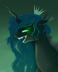 Size: 3301x4096 | Tagged: safe, artist:renderpoint, derpibooru import, queen chrysalis, changeling, changeling queen, g4, bust, crown, evil smile, female, glowing, glowing eyes, gradient background, high res, horn, jewelry, open mouth, open smile, regalia, sharp teeth, smiling, solo, teeth