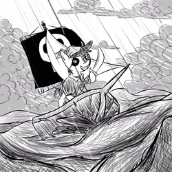 Size: 1920x1920 | Tagged: safe, artist:_butterscotch, derpibooru import, pipsqueak, cloud, discover, inktober, inktober 2024, monochrome, ocean, pirate, pirate ship, scimitar, sword, water, weapon