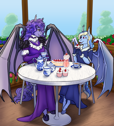 Size: 3848x4234 | Tagged: safe, artist:blackblood-queen, oc, oc only, oc:amelia valkyria, oc:deliha valkyria, anthro, bat pony, unguligrade anthro, anthro oc, bat pony oc, cake, chair, clothes, commission, cup, cupcake, digital art, dress, duo, fangs, female, females only, flower, flower garden, food, looking at each other, looking at someone, mare, mother and child, mother and daughter, parent and child, sitting, slit eyes, smiling, strawberry, table, tea, teacup, teapot