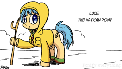 Size: 1200x675 | Tagged: safe, artist:pony-berserker, derpibooru exclusive, derpibooru import, earth pony, pony, boots, catholicism, cross, cross necklace, current events, jewelry, luce, necklace, ponified, raincoat, rule 85, shoes, species swap, that was fast, vatican