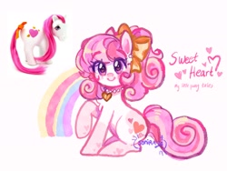 Size: 2048x1536 | Tagged: safe, artist:sonira24, derpibooru import, sweetheart, earth pony, pony, g1, my little pony tales, bow, ear piercing, earring, female, hair bow, heart, heart eyes, heart mark, jewelry, looking at you, necklace, piercing, rainbow, raised hoof, raised leg, signature, smiling, smiling at you, tail, toy, toy reference, wingding eyes