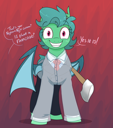 Size: 2042x2308 | Tagged: safe, artist:moonatik, derpibooru import, oc, oc only, oc:carte blanche, bat pony, pony, abstract background, american psycho, axe, bat pony oc, clothes, costume, eyeshadow, femboy, freckles, gradient background, grin, makeup, male, nightmare night costume, patrick bateman, raincoat, smiling, solo, stallion, suit, this will end in death, this will not end well, weapon