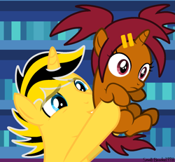 Size: 1333x1231 | Tagged: safe, artist:ponkusdraws, artist:small-brooke1998, derpibooru import, alicorn, pony, unicorn, base used, bumblebee (transformers), crossover, horn, indoors, sari sumdac, transformers, transformers animated