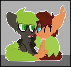 Size: 4750x4500 | Tagged: safe, artist:moonydusk, derpibooru import, oc, oc:autumn dusk, oc:green lightning, bat pony, pegasus, :p, bat ears, bat pony oc, big ears, black coat, blue eyes, brown mane, chest fluff, commissioner:autumndusk, ears, green eyes, green mane, green wings, hug, jewelry, necklace, orange coat, pegasus oc, striped mane, tongue, tongue out, two toned background, winghug, wings