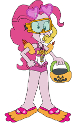 Size: 1941x3405 | Tagged: safe, artist:christian soto, derpibooru import, pinkie pie, better together, equestria girls, forgotten friendship, g4, bare shoulders, clothes, equestria girls specials, flippers, goggles, halloween, holiday, pumpkin bucket, simple background, sleeveless, snorkel, sunglasses, swim mask, swimsuit, transparent background, trick or treat, water wings