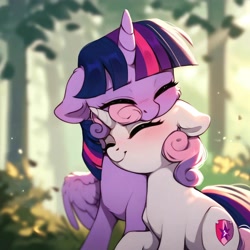 Size: 4096x4096 | Tagged: safe, ai content, derpibooru import, generator:pony diffusion v6 xl, generator:stable diffusion, machine learning generated, sweetie belle, twilight sparkle, twilight sparkle (alicorn), alicorn, pony, unicorn, g4, cute, diasweetes, duo, duo female, eyes closed, female, filly, foal, friendshipping, horn, mare, nuzzling, outdoors, prompter:ranserthus, the cmc's cutie marks, twiabetes