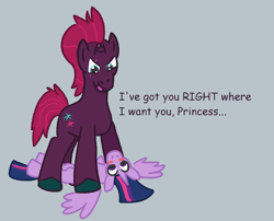 Size: 1703x1377 | Tagged: safe, artist:zoeyhorse, derpibooru import, fizzlepop berrytwist, tempest shadow, twilight sparkle, twilight sparkle (alicorn), alicorn, pony, unicorn, g4, blush sticker, blushing, broken horn, dialogue, duo, duo female, female, gray background, horn, lesbian, mare, pinned, shipping, simple background, tempestlight