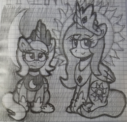 Size: 4143x3961 | Tagged: safe, artist:rosa ushiromiya, derpibooru import, princess celestia, princess luna, alicorn, pony, g4, duo, duo female, female, graph paper, looking at you, mare, mlp fim's fourteenth anniversary, monochrome, moon, s1 luna, sitting, sun, traditional art, young celestia, young luna