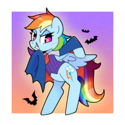 Size: 1500x1500 | Tagged: safe, artist:vivian reed, derpibooru import, rainbow dash, bat, pegasus, pony, g4, bipedal, blush scribble, blushing, cape, clothes, costume, fangs, female, furrowed brow, grin, mare, nightmare night, nightmare night costume, no pupils, passepartout, smiling, solo, vampire costume