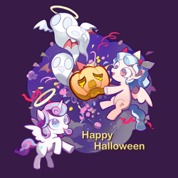 Size: 2882x2877 | Tagged: safe, artist:biyezibcoconut, derpibooru import, cozy glow, princess flurry heart, alicorn, ghost, pegasus, pony, undead, g4, :d, angel costume, bow, candy, demon costume, demon horns, fangs, female, filly, foal, food, freckles, hair ribbon, halloween, halo, happy halloween, holding, holiday, horns, jack-o-lantern, open mouth, open smile, pumpkin, purple background, ribbon, simple background, smiling, spread wings, tail, tail bow, text, wings