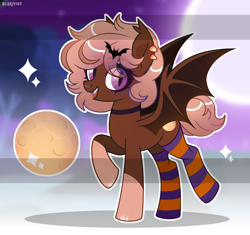 Size: 2550x2400 | Tagged: safe, artist:scarffist, derpibooru exclusive, derpibooru import, oc, oc only, bat, bat pony, pony, adoptable, base used, bat pony oc, bat wings, big eyes, blonde, blonde hair, blonde mane, blonde tail, choker, clothes, cute, cutie mark, ear piercing, gritted teeth, halloween, happy, holiday, looking at you, moon, piercing, purple eyes, short hair, short mane, short tail, smiling, smiling at you, socks, solo, sparkles, spread wings, striped socks, tail, teeth, wings