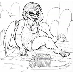 Size: 1280x1267 | Tagged: safe, artist:tellarasa, derpibooru import, silverstream, classical hippogriff, hippogriff, human, g4, clothes, female, grayscale, human to classical hippogriff, human to hippogriff, monochrome, open mouth, sitting, smiling, socks, solo, traditional art, transformation