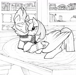 Size: 1280x1271 | Tagged: safe, artist:tellarasa, derpibooru import, tempest shadow, twilight sparkle, twilight sparkle (alicorn), alicorn, pony, unicorn, g4, cuddling, female, grayscale, horn, indoors, lesbian, lying down, mare, monochrome, prone, shipping, tempestlight, traditional art