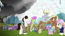 Size: 997x559 | Tagged: safe, derpibooru import, edit, edited screencap, screencap, derpy hooves, meadow song, medallion gold, merry may, rosetta, trixie, pegasus, pony, unicorn, g4, the cart before the ponies, award, background pony, bipedal, blue lily, cloud, competition, confetti, eyes closed, female, filly, filly derpy, filly trixie, foal, glasses, horn, jealous, jewelry, lightning, looking at someone, male, mare, miss /mlp/, miss /mlp/ 2024, necklace, open mouth, open smile, outdoors, pearl necklace, rain, raincloud, sad, sad pony, smiling, stallion, tree, winner, younger