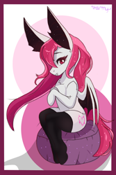 Size: 512x768 | Tagged: safe, derpibooru import, oc, oc only, bat pony, pony, semi-anthro, abstract background, clothes, fangs, partially open wings, passepartout, signature, sitting, socks, solo, thigh highs, wings