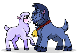 Size: 496x350 | Tagged: safe, artist:melspyrose, derpibooru import, grogar, oc, oc:rosanna, sheep, g1, backstory in description, bell, duo, duo male and female, female, horns, looking at each other, looking at someone, lore in description, male, ram, romance, simple background, smiling, smiling at each other, transparent background, unshorn fetlocks, wool