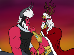 Size: 2048x1536 | Tagged: safe, artist:melspyrose, derpibooru import, king vorak, lord tirek, centaur, taur, g4, beard, cape, clothes, description, disappointed, facial hair, father and child, father and son, harsher in hindsight, horns, implied grogar, jewelry, male, muscles, muscular male, parent and child, reference to another series, regalia, sad, story included, teary eyes