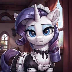 Size: 1024x1024 | Tagged: safe, ai content, derpibooru import, generator:pony diffusion v6 xl, generator:stable diffusion, machine learning generated, rarity, pony, unicorn, g4, clothes, ear fluff, ears, horn, indoors, looking at you, maid, prompter:thelight3d, skirt, solo, window