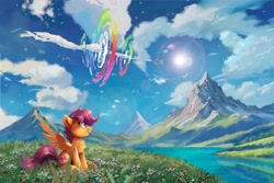 Size: 4096x2731 | Tagged: safe, alternate version, artist:allegrenix, derpibooru import, rainbow dash, scootaloo, pegasus, pony, g4, duo, mountain, outdoors, scenery, sky, solo focus, sonic rainboom