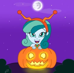 Size: 989x974 | Tagged: safe, artist:jenna56, derpibooru import, oc, oc only, oc:prixy, oc:prixy lightshooter, human, lobster, equestria girls, g4, clothes, colored sclera, commission, costume, equestria girls-ified, female, halloween, headband, holiday, jack-o-lantern, lobster costume, moon, nightmare night costume, outdoors, pumpkin, solo, ych result