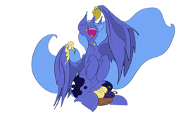 Size: 5600x3600 | Tagged: safe, artist:ponny, derpibooru import, princess luna, alicorn, bat pony, bat pony alicorn, pony, g4, bat wings, bowl, eyes closed, food, grapes, horn, mango, open mouth, simple background, sitting, solo, tongue, tongue out, white background, wing hold, wings