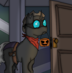 Size: 1052x1058 | Tagged: safe, artist:thomas.senko, derpibooru import, oc, oc only, oc:captain black lotus, changeling, monster pony, pony, 2024, bandana, catchlights, changeling oc, clothes, commission, costume, cowboy, cowboy hat, cute, cuteling, detailed background, digital art, ears up, eyes open, front view, gun, halloween, halloween costume, happy, hat, holiday, holster, horn, indoors, looking forward, male, mask, mouth hold, no eyelashes, pony oc, pumpkin, pumpkin bucket, quadrupedal, shading, shadows, smiling, soft shading, solo, stallion, stallion oc, standing, toy gun, weapon, ych result