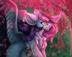 Size: 1253x992 | Tagged: safe, artist:reminati_27, derpibooru import, oc, oc only, pegasus, pony, cherry blossoms, chest fluff, concave belly, female, flower, flower blossom, mare, solo, spread wings, spring, thin, wings