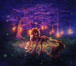 Size: 1867x1619 | Tagged: safe, artist:reminati_27, derpibooru import, oc, oc only, pony, clothes, concave belly, female, lantern, leonine tail, mare, night, outdoors, solo, tail, thin, tree, unshorn fetlocks