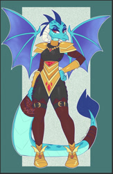 Size: 587x902 | Tagged: safe, artist:inkkeystudios, derpibooru import, princess ember, anthro, dragon, g4, armor, clothes, dragon wings, dragoness, female, passepartout, ponytober, solo, wings