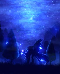 Size: 1039x1271 | Tagged: safe, artist:reminati_27, derpibooru import, oc, oc only, butterfly, pegasus, pony, commission, concave belly, female, forest, mare, nature, night, night sky, outdoors, silhouette, sky, solo, thin, tree