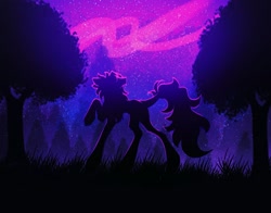 Size: 1594x1247 | Tagged: safe, artist:reminati_27, derpibooru import, oc, oc only, earth pony, pony, commission, concave belly, forest, leonine tail, long legs, nature, night, outdoors, silhouette, solo, tail, thin, tree