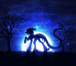 Size: 1341x1167 | Tagged: safe, artist:reminati_27, derpibooru import, oc, oc only, pony, commission, fetlock tuft, full moon, horn, horn jewelry, horns, jewelry, moon, night, night sky, outdoors, silhouette, sky, solo, tree