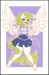 Size: 590x905 | Tagged: safe, artist:inkkeystudios, derpibooru import, surprise, anthro, pegasus, unguligrade anthro, g1, clothes, looking at you, one eye closed, passepartout, ponytober, shirt, skirt, smiling, smiling at you, solo, spread wings, striped shirt, suspenders, wings, wink, winking at you