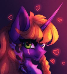 Size: 737x814 | Tagged: safe, artist:reminati_27, derpibooru import, oc, oc only, pony, unicorn, braid, bust, chest fluff, eye scar, facial scar, female, floating heart, heart, heterochromia, horn, mare, portrait, scar, solo