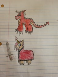 Size: 1536x2048 | Tagged: safe, artist:volk204, derpibooru import, oc, oc only, dracony, dragon, hybrid, pony, unicorn, horn, lined paper, ponified, solo, species swap, sword, traditional art, weapon